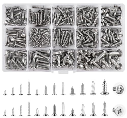 440 Stück Blechschrauben Set, 304 Edelstahl Schrauben Set Sortiment, M6 M5 M4 M3 Holzschrauben Set für Holzbretter, Metallplatten und DIY Befestigungselemente