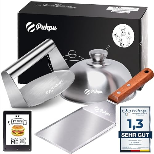 PUKPU Kit Smash Burger 3 Pièces – Presse Hamburger avec Cloche à Fromage et Spatule INOX