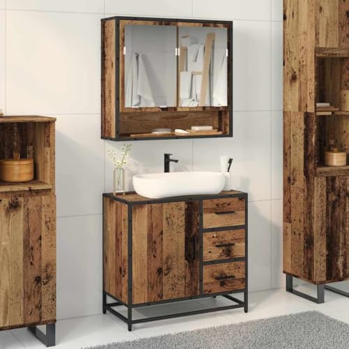 Bucmath Mobile lavabo da bagno in legno antico, 65 x 33 x 60 cm, con porta, mobiletto industriale per lavandino, robusto mobile da bagno in legno e acciaio