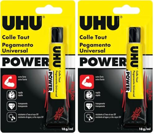 UHU Colle Tout Power Flex + Clean - Colle Liquide Extra Forte Et Rapide, Universelle, Transparente, Tube, 18 G (Lot de 2)