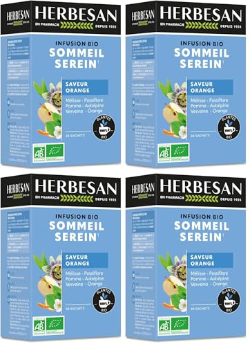 HERBESAN®- INFUSION SOMMEIL SEREIN BIO - Saveur Orange - Doux & Rond - Sans plastique - 100% plantes - 20 sachets en papier (Lot de 4)