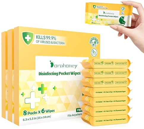 Dorahoney Mini Antibacterial Wet Wipes Travel Size, Pocket Hand Wipes, Alcohol Free, Hypoallergenic for Adults & Kids, Travel Essentials Small Pack Multipurpose Cleaning Wipes 24 Pack(144 Wipes Total)