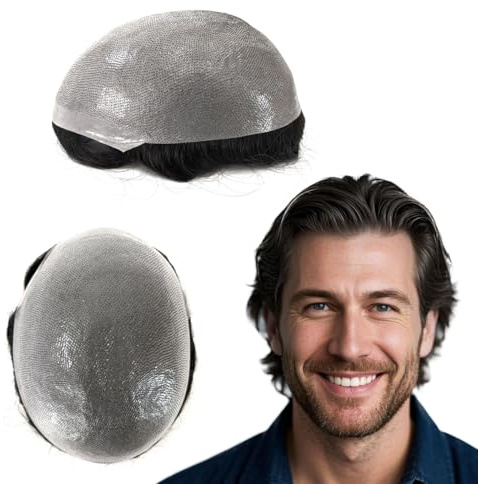 Tresshairca Men‘s Hair System - 0.08-0.10mm Thin Skin Undetectable Toupee for Men, with #1B Natural Black Remy Human Hair, 120% Medium Density, 7x9 Inch Breathable PU Base (Knotless Hairpiece)