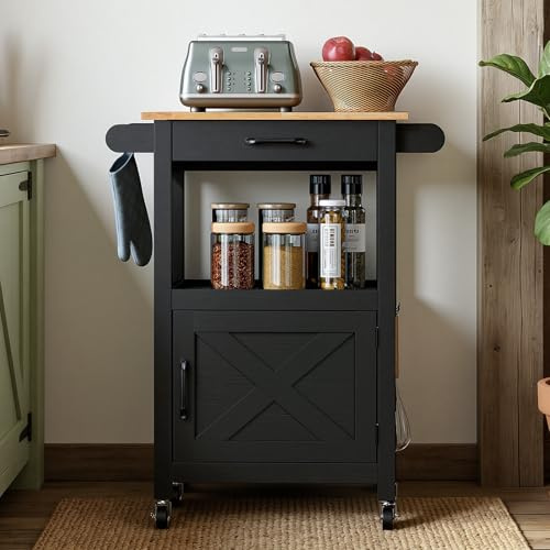 TactFire Desserte de Cuisine sur roulettes, Îlot Central Cuisine | étagère réglable,Meuble de Rangement avec Crochets latéraux, 74 x 63 x 89 cm (Noir)