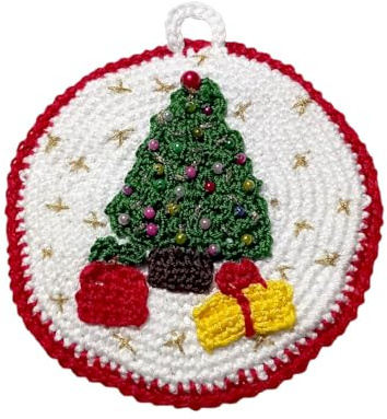 Presina di Natale Bianca e Rossa con Alberello ad Uncinetto 13.5 cm, in Cotone, Protezione Calore Cucina, Idea Regalo Mamma e Nonna (28NT)