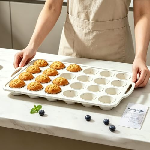 Mini Muffin Backform zum Backen: 24er Silikon Muffinform mit Metallrahmen | Verschüttungsfreier stabiler Transfer - Antihaft Minimuffinform für leichtes Lösen - Ideal für Backanfänger - Foepoge