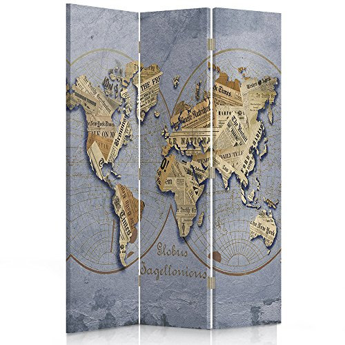 Feeby Paravent Weltkarte Globus Alte Zeitung Modern Vintage 3 Teilig 110x150 cm Modern Design Beidseitig Raumteiler Wandschirme Trennwand Sichtschutz Spanische Wand Auf Leinwand Bedruckt Beige Blau