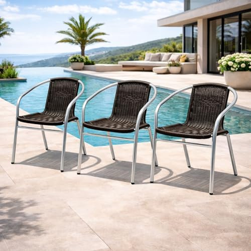 Mojawo 3 Sück Qualität Aluminium/Polyrattan Bistrostuhl stapelbar Stapelstuhl Campingstuhl Gartenstuhl Küchenstuhl Balkonmöbel Gartensitzmöbel Silber/Schwarz