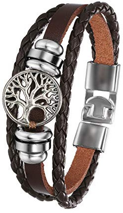 Flongo Bracelet Manchette Multi-Rangs Tressé en Cuir pour Homme Femme Chaîne de Main Couleur Marron avec Arbre de Vie en Alliage Style Rétro Ethnique