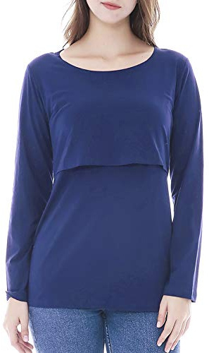 Smallshow Women's Long Sleeve Breastfeeding Top Maternity Nursing T-Shirt Pregnancy Clothes Navy S