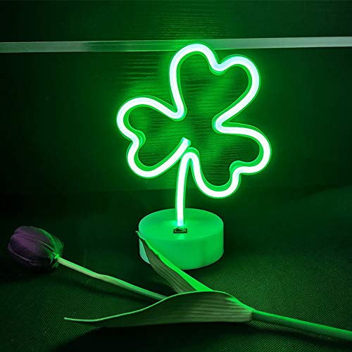 ENUOLI Shamrock LED Neon Signs Green Decorative Lights USB/Battery Operated Led Neon Lights Decoration Light with Base Shamrock Lucky Grass Neon Night Light for Wedding Party Room