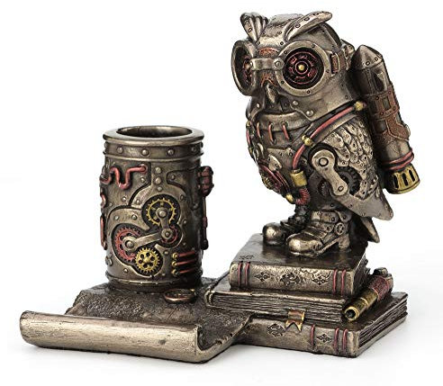 Veronese Design Handy-Halter, Steampunk-Eule, Stifthalter, Harz-Skulptur, Bronze-Finish, Statue, Schreibtischständer, Heimdekoration, Luftfahrt, Vogel, Tiergeschenk, 14 cm