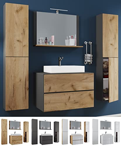 VCM 5-TLG. Waschplatz Waschtisch Badmöbel Set Waschbecken Lendas XL Schublade 80, Honig-Eiche