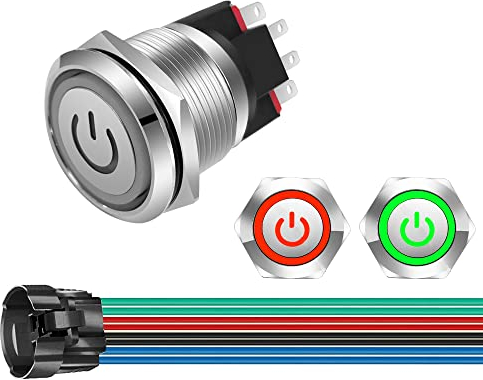 GUUZI 12V-24V / 10A Interruptor de Botón de Enclavamiento NO/NC Impermeable Luz LED Verde/Roja Iluminada 22 mm Botón de Encendido de Metal con Cable de Enchufe
