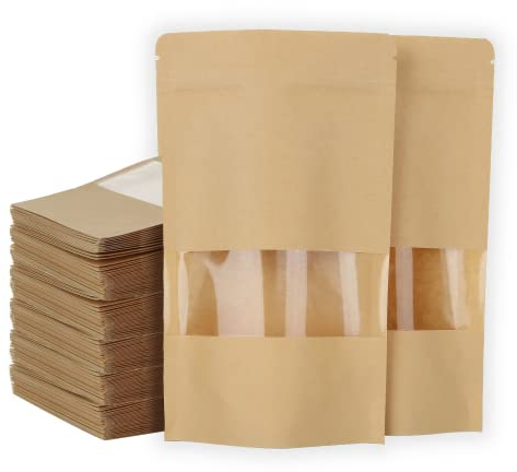 SENENQU 200 Pcs Papiertüten Mit Fenster, 12×20CM Standbodenbeutel Kraftpapier, Kraftpapiertüten Mit Klarem Fenster für Nüsse Und Lebensmittel Verwendet