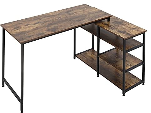 HOMCOM Bureau Informatique Design Industriel Bureau d'angle 3 étagères Aspect Vieux Bois métal Noir