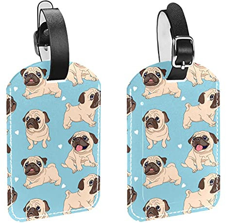 Reisegepäckanhänger mit Mops-Motiv, 2 Stück, für Handtaschen, Koffer, Taschen und Gepäckanhänger mit sicherem Gurt