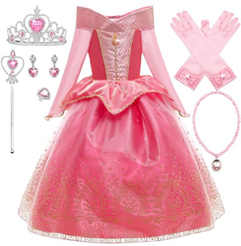 New front Robe Fille La Belle au Bois Dormant Robe de Costume Princesse Aurore Manches Longues Robe de Déguisement Cadeau d'anniversaire Noël Carnaval 3 à 8 Ans Enfant Cosplay, Rose,140