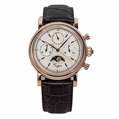 NC Sugess Mechanische Herrenuhr Möwe Uhrwerk ST1908 Chronograph Vintage Mondphase Armbanduhr Lederband Wasserdicht 50ATM (Rose White)