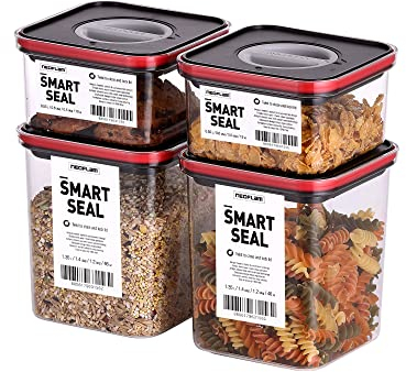 Neoflam® Vorratsdosen mit Deckel luftdicht & Einhanddrehverschluss | Vorratsdosen - BPA frei | Aufbewahrungsbox Küche | Vorratsboxen mit Deckel | schwarz/rot - 2x 0.55L & 2x 1.35L