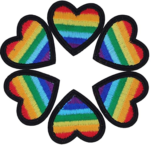 Regenbogen Herz Aufnäher 6 Stück Herz Aufbügeln Patches Regenbogen Herz Applikation für T-Shirt Jeans Kleidung Reparaturen Dekor(Schwarzer Rand)