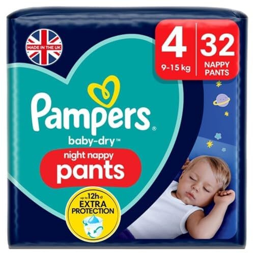 Pampers Baby-Dry Night Nappy Pants Size 4, 32 Night Nappies, 9kg-15kg, Essential Pack