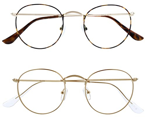 OPULIZE Sol - Lesebrille 2er Pack Blaulichtfilter Runder Metall Retro Rahmen Verbessern Den Schlaf Computer Gaming Entspiegel Braun Gold Herren Damen BB94-29 +3.50