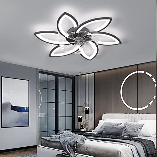 JDALX Ceiling Fans with Lamps and Remote Quiet Ceiling Fans with Lights Led Dimmable Flower Ceiling Fan Chandelier DC Reversible 6 Speed Timer for Bedroom Living Room Lounge Summer Winter, Black