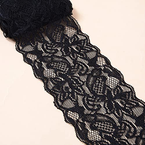 10 Yards Elastizität Spitzenbordüre Spitzenband,8cm Breite Bunte Spitzen-Blumen Borte Dekoband Zierspitze Zierband Spitzenstoff Spitzenborte für Nähen DIY Handwerk Kleidung Unterwäsche,Schwarz