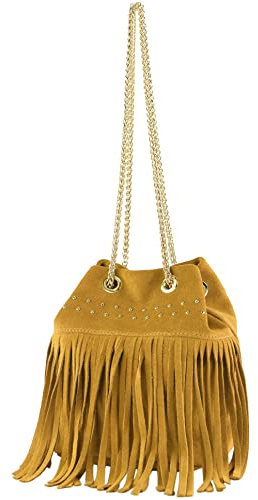 modamoda de T244 Damen Schultertasche Wildleder mit Fransen und Goldkette handmade in Italy, Farbe:Curry