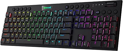 Redragon K618 Horus Mechanische RGB-Tastatur, BT/2.4ghz/kabelgebundene Tri-Mode Flache Tasten Gaming-Tastatur mit Kabelloser Verbindung, Dedizierter Mediensteuerung und Blaue Schalter