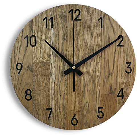 SENTOP Wanduhr für die Wand MAS002 aus Echtem Eichenholz, Runde, Farbe Eiche - Braunerde, 30x30x2 cm, 900 g