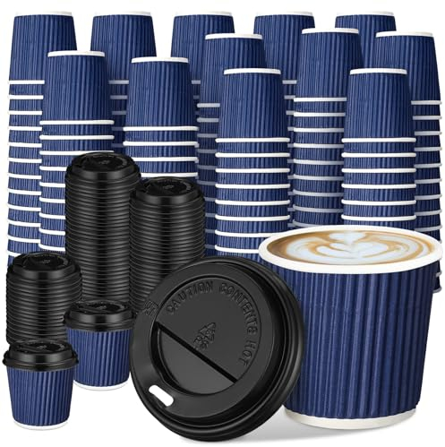 Uiifan 100 Set 4oz Disposable Espresso Cups with Lids Ripple Corrugated Paper Disposable Coffee Insulated Hot Ripple Cups for hot Chocolate, Tea, and Cocoa Drinks(Blue)