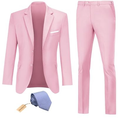 Datysum Costume 2 pièces pour Homme d'honneur - Blazer de Bal - Coupe ajustée - Deux Boutons - Robe de mariée - Veste et Pantalon - avec Cravate, Rose, Taille M