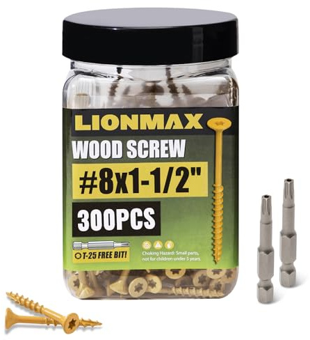 LIONMAX Wood Screws 1-1/2 Inch, Deck Screws #8 x 1-1/2, 300 PCS, Rust Resistant, Epoxy Coated, Exterior Wood Screw, Outdoor Decking Screws, Torx/Star Drive Head, T25 Star Bit Included, Tan