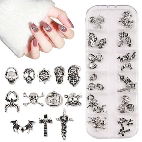 3D Halloween Nail Charms,1Box 12Gitter Schädel Kürbis Bat Spinnennetz Kreuzen Silber Nagel Edelsteine,Halloween Nail Deko für Nageldesign Schmuck Zubehör DIY Basteln