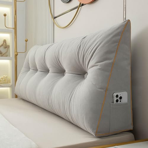 Weiches, dreieckiges Bettkeilkissen, gemütliches, großes Rückenkissen für Bett/Sofa/Tatami, Lesekissen für Erwachsene und Kinder, zum Lesen, Fernsehen, waschbarer Bezug (200 x 50 x 20 cm, Hellgrau)