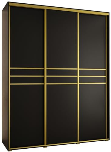 MEBLE KRYSPOL Davos 10 200 Schrank mit DREI Schiebetüren für Schlafzimmer - Moderner Aufbewahrungsschrank mit Kleiderstange und Regalen - 235,2x200x60 cm - Schwarz Schwarz Gold