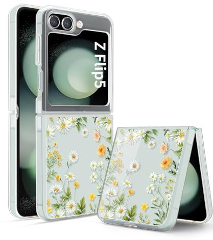 Gronda for Samsung Z Flip 5 5G Case Clear Slim Phone Case, Z Flip 5 Shockproof TPU Silicone Protective Cover Anti-Scratch Anti-yellowing Women Girls Case for Samsung Galaxy Z Flip 5 Green Flower