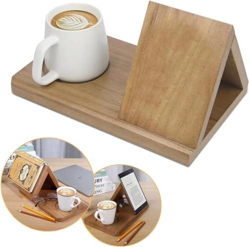Personalisierter Buchständer aus Holz,Buchständer Holz,Dreieckiger Buchhalter aus Holz mit Getränkehalter,Lesezeichen Holz,Bücherstütze,Book Rest,für Schlafzimmer, Nachttisch,Schreibtisch (1 Stück)