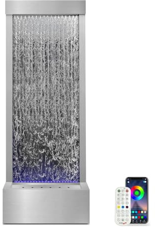 Longrun Large Garden Fountain, Indoor Fountain, Waterfall with App Control, LED Lighting, 45.5 x 20 x 123 cm, Stainless Steel Garden Water Wall, Indoor with Pump