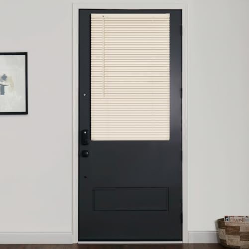 LazBlinds 1 Vinyl Mini Blinds for Doors, Cordless French Door Blinds for Privacy, Light Filtering Privacy Horizontal Shades for Front Door Patio Sidelight Glass Door, 25 W x 40 H, Beige