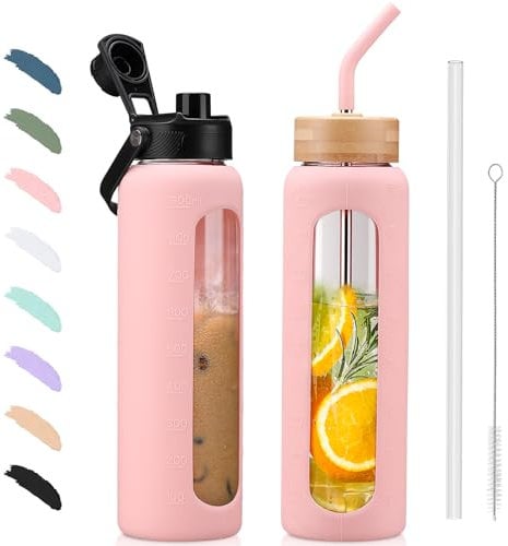 BLUEGO 900ML Bouteille d'eau en Verre et 2 Couvercles Gourde Reutilisable Tasse à Café avec Marqueur de Temps et Protecteur en Silicone Sans BPA pour Enfant et Adultes, Rose