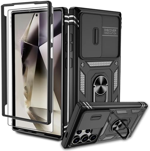 Pilaru Samsung Galaxy S24 Ultra 5G Hülle, Kameraschutz Handyhülle mit 1 Stück Schutzfolie, 360° Drehhalter Ring Schutzhülle Militär Stoßfest Kratzfest Handy Hüllen für Samsung S24 Ultra-Schwarz