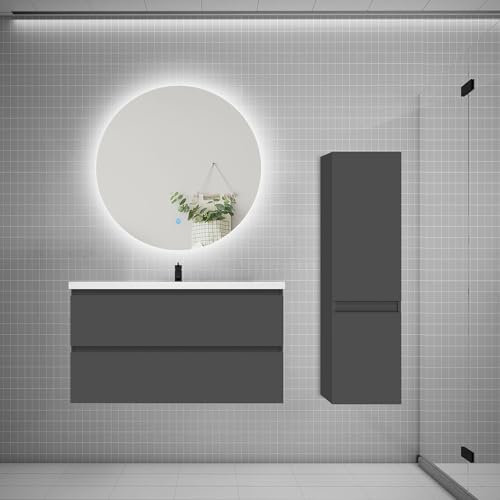 AICA Ensemble Meuble Salle de Bain Simple Vasque 100cm avec lavabo + Colonne + Miroir Rond,Anthracite