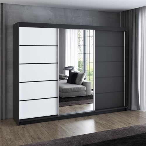 A&J MöbelLand Schwebetürenschrank VILANO 2, 3-türig Schrank 200 cm Kleiderschrank mit 4 Schubladen, und Spiegel (Weiß, Schwarz, Somona) (Schwarz/weiß/schwarz)