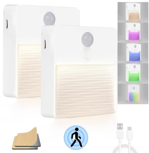 Motion Sensor Night Light Rechargeable, 2 Pcs Color-Changing Sensor Lights Indoors, Adjustable Warm/Cool White Brightness, Auto On/Off for Stairs, Bedroom, Hallway, Kitchen