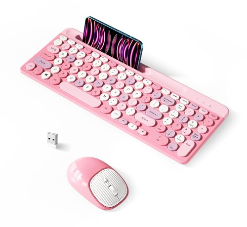 Retro Wireless Keyboard with Round Keycaps, 2.4GHz Full-Size USB Cute Wireless Keyboard Mouse for Computer, Desktop, Laptop and Computer (Pink-Colorful)