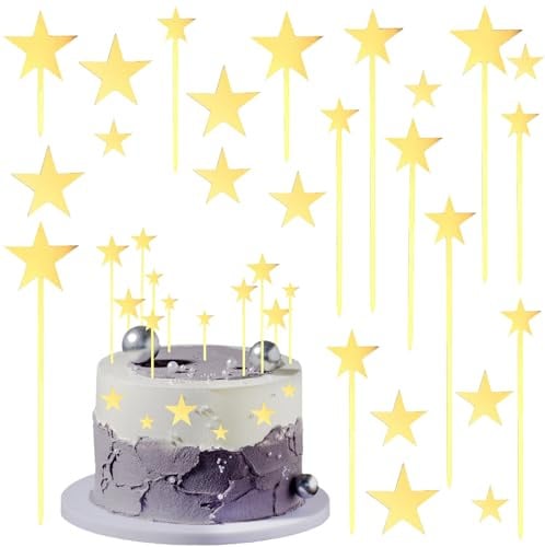 Tortendeko Sterne Gold, 24pcs Star Kuchen Deko, Acryl Tortendeko, Cake Topper Sterne Gold, Kuchendekoration für Geburtstage, Hochzeiten, Taufen, Babypartys, Neujahr, Ostern