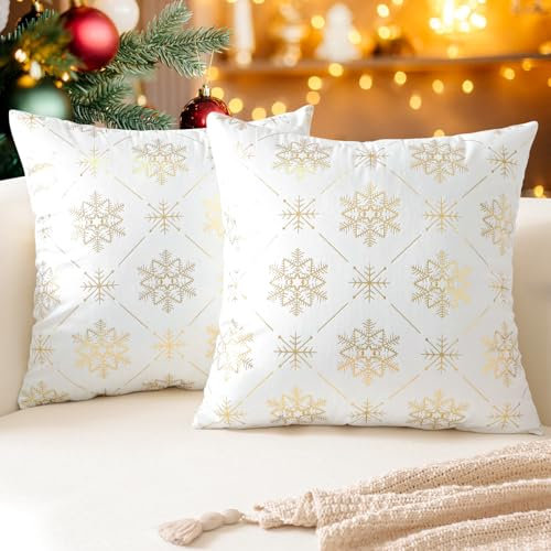 Ohok Weihnachten Gold Heißpräge Samt Kissenbezug, 2er Set Dekorativ Kissenhülle Deko Sofakissen Couchkissen Zierkissenbezüge für Sofa Wohnzimmer Schlafzimmer (Weiß Schneeflocke A, 50x50cm)